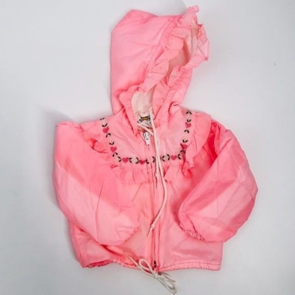 Vintage Pink Heart Embroidered Ruffle Hooded Windbreaker Jacket‎ Girls Size 12M